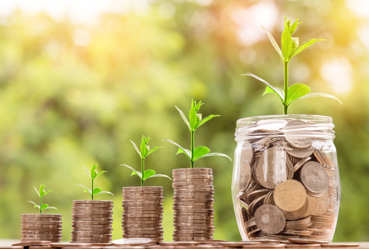 A blurred background image of the sun shining through some large green trees. In the foreground four piles of coins evenly stacked into columns. With each column slightly larger than the column to its left so showing a growth rate of money. Each column also has a small green plant shoot growing from the top of the coins. Finally to the right a fifth item is a clear glass jar larger than all the columns full of coins with its own green plant shoot growing from the top.